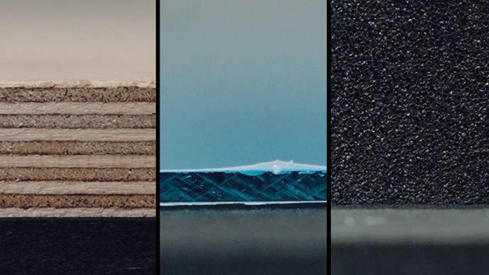 close up on three different materials: plywood, pmma and foam