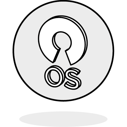 a grey circle with a white pictogram representing the "Open-source logo" in 3D