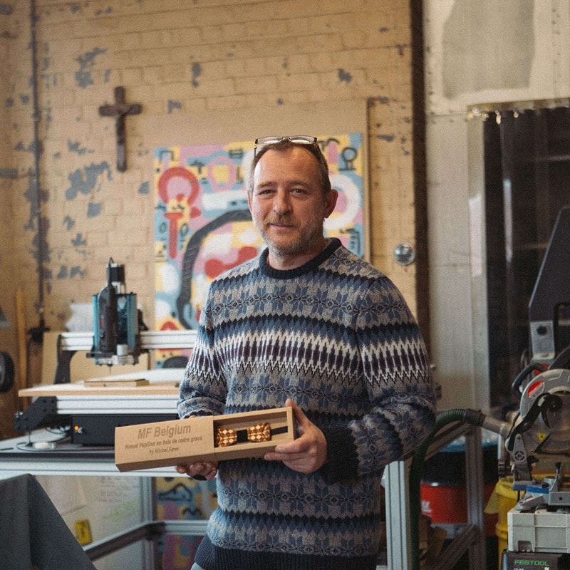 Michel MF Belgium in his workshop wood bowtie CNC cut