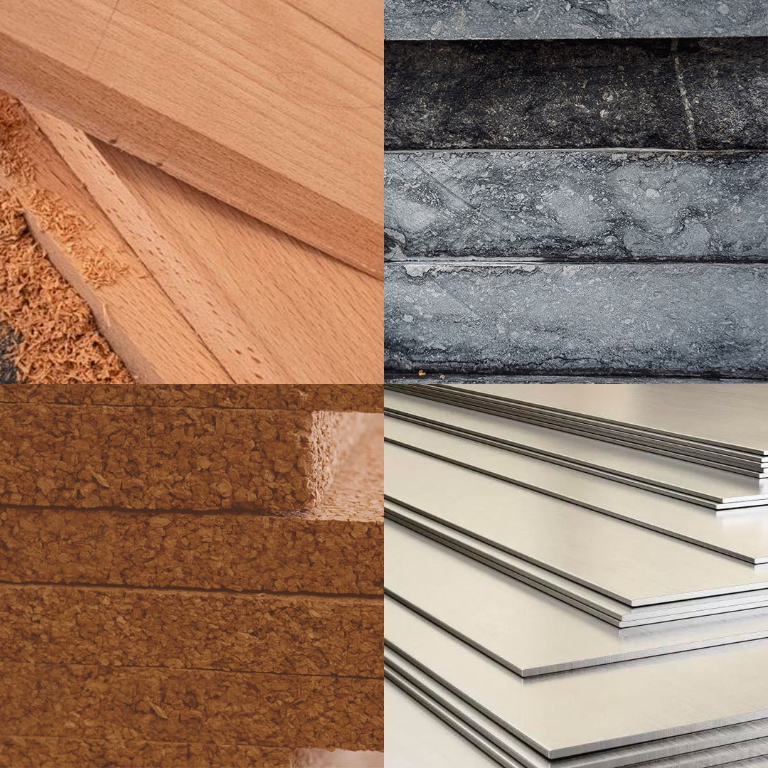 Samples of wood, stone, cork and aluminium