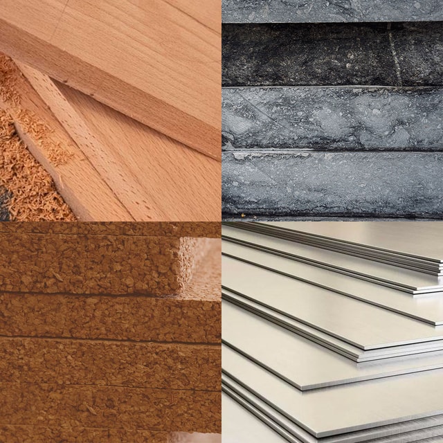 Samples of wood, stone, cork and aluminium