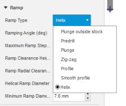 Ramp options for CNC milling operation