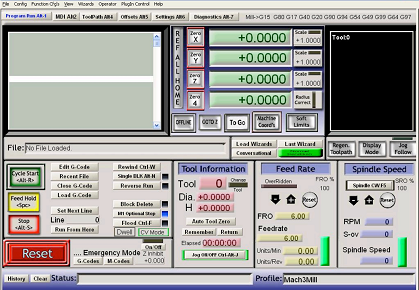 Screenshot of the user interface of Mach3, a CNC software